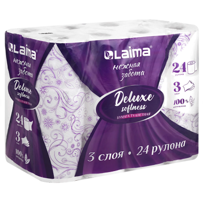 Бумага туалетная 3-х слойная, 24 рулона (24х16,5 м), LAIMA Deluxe, 100% целлюлоза