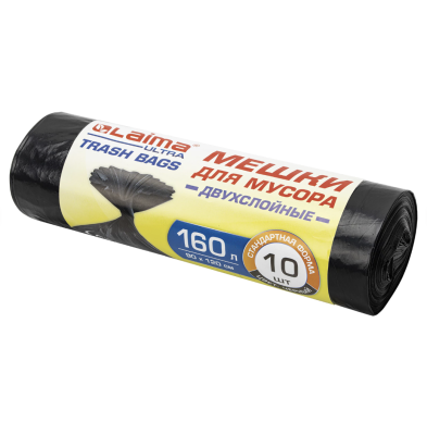 Мешки для мусора LAIMA "ULTRA" 160 л черные, рулон 10 шт. прочные, ПВД 30 мкм, 90х120 см