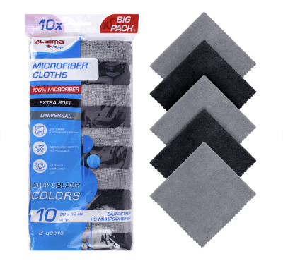 Салфетки из МИКРОФИБРЫ 30х30 см, GRAY & BLACK, big pack, КОМПЛЕКТ 10 штук, 180 г/м2, LAIMA HOME