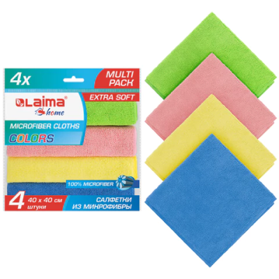Салфетка из МИКРОФИБРЫ универсальная 40х40 см, КОМПЛЕКТ 4 шт., MULTI PRO COLOUR, 280 г/м2, LAIMA
